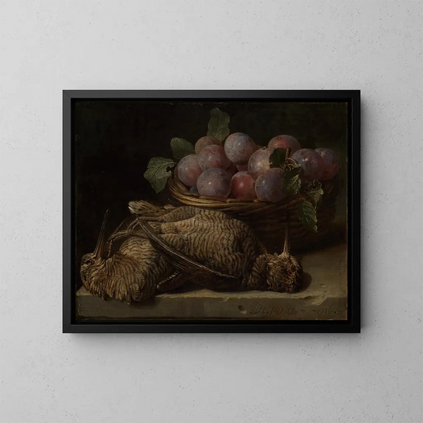 Natuurstudie met pruimen en twee herten op een stenen tafel - Alexandre François Desportes — ingelijst kunstwerk aan de muur
