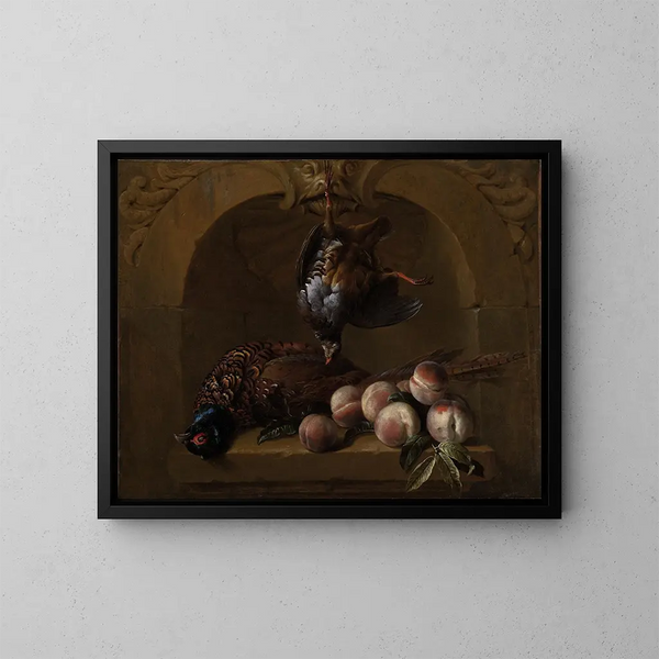 Natuurstudie met fazant met rode poten en perziken - Alexandre François Desportes — ingelijst kunstwerk aan de muur