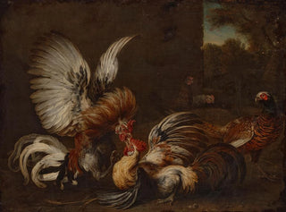 Alexandre Franois Desportes - Two cocks fighting in a farmyard a pheasant and two hens nearby.webp