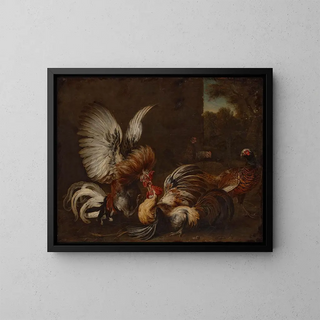 Alexandre Franois Desportes - Two cocks fighting in a farmyard a pheasant and two hens nearby.webp