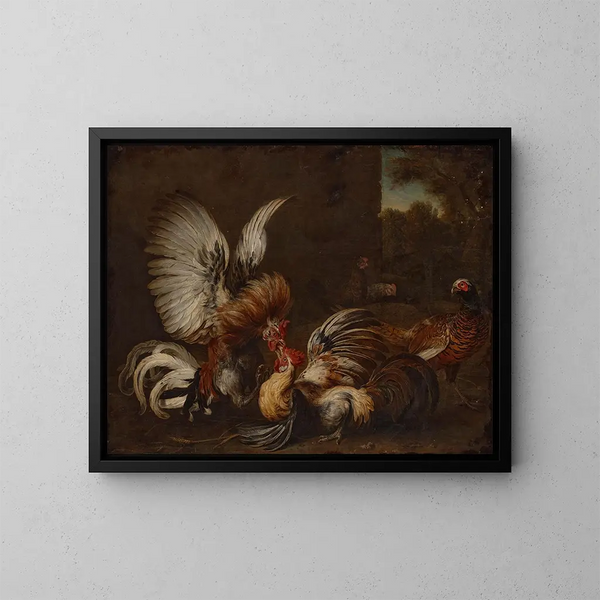 van twee hanen die in een boerderijhof vechten met een fazant en twee kippen in de buurt - Alexandre François Desportes — ingelijst kunstwerk aan de muur