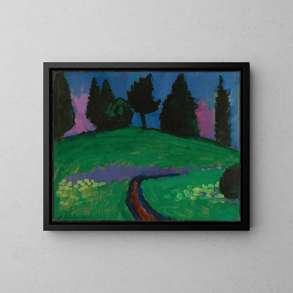 van donkere bomen op een groene helling - Alexej von Jawlensky — ingelijst kunstwerk aan de muur
