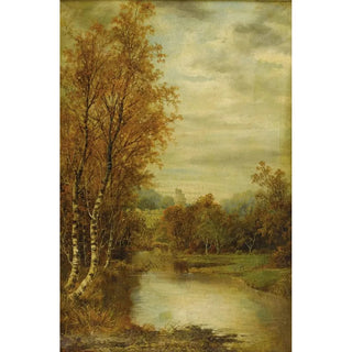 Alfred Augustus Glendening - Autumn Landscape With Pond And Castle Tower.webp
