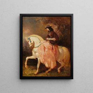 Alfred De Dreux - Amazone au petit canotier veste rouge jupe rose une cravache sur un cheval gris aux rubans bleus.webp