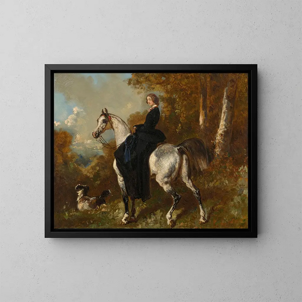Amazone en zwart op een grijze gevlekte paard - Alfred de Dreux — ingelijst kunstwerk aan de muur