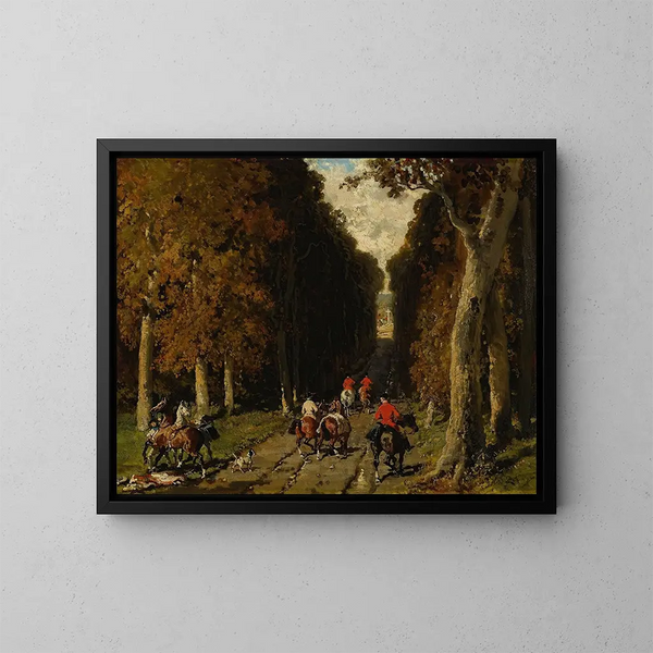 Jacht in de laan richting het kruis - Alfred de Dreux — ingelijst kunstwerk aan de muur