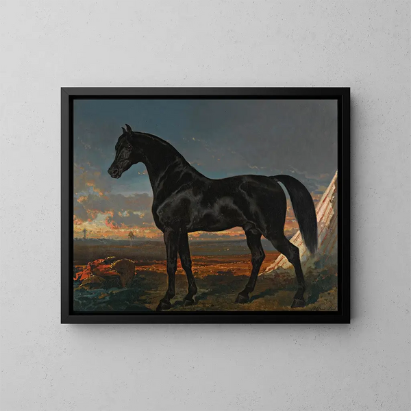 Zwart paard bij de palmboom - Alfred de Dreux — ingelijst kunstwerk aan de muur