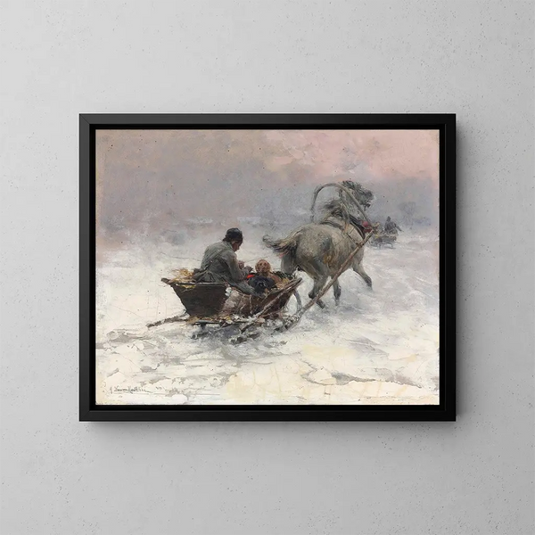 Sneeuwscooterwandeling - Alfred von Wierusz-Kowalski — ingelijst kunstwerk aan de muur