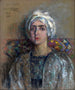 De witte tulband – Alice Pike Barney — pastelportret op doek, weergave van het werk