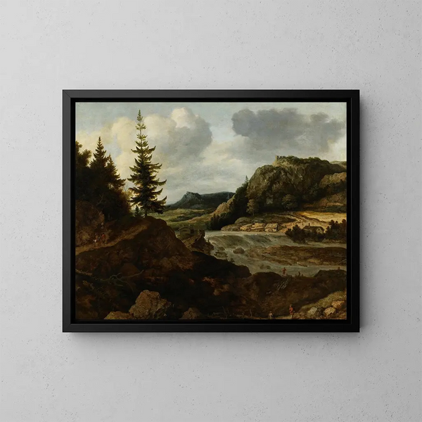 Een bergachtig rivierlandschap met reizigers - Allaert van Everdingen — ingelijst kunstwerk aan de muur