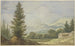 Landschapschilderij met bergen, links grote dennenbomen en rechts twee hutten - Allaert van Everdingen — weergave van het kunstwerk
