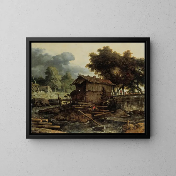 Landschap met houtzagerij - Allaert van Everdingen — ingelijst kunstwerk aan de muur