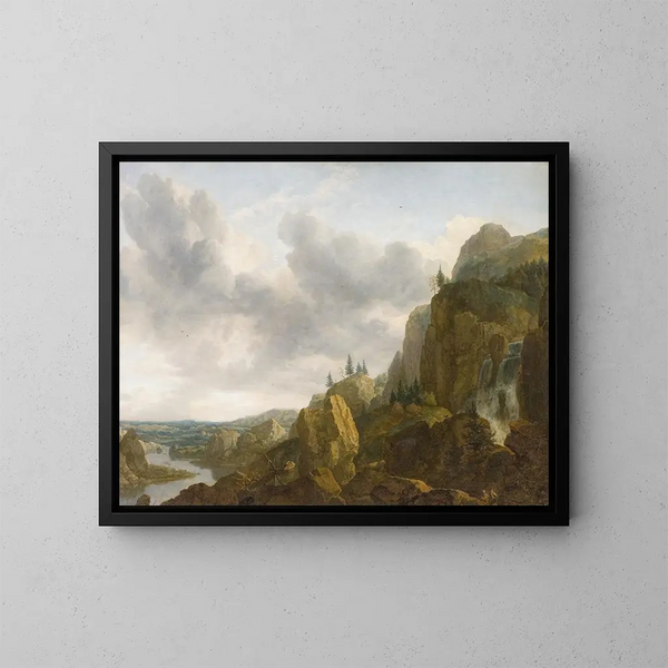 Landschap met bergtoppen uit het noorden met waterval - Allaert van Everdingen — ingelijst kunstwerk aan de muur