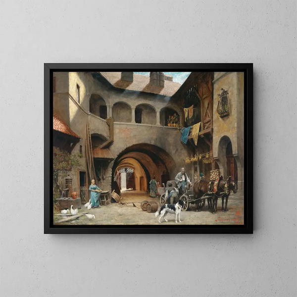 Binnenplein in Friesach met een transportvoertuig - Alois Schönn — ingelijst kunstwerk aan de muur