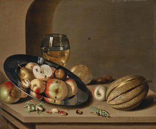 Ambrosius Bosschaert II - Apples pears peaches and walnuts on a pewter plate with fruit a roemer a melon chestnuts and a grasshopper on a stone ledge in a niche.webp