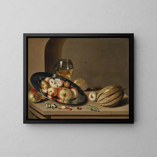Ambrosius Bosschaert II - Apples pears peaches and walnuts on a pewter plate with fruit a roemer a melon chestnuts and a grasshopper on a stone ledge in a niche.webp