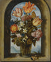 Natuurtafereel met tulpen, mos, rozen, lelietje-van dalen en andere bloemen in een glazen beker geplaatst in een gebogen stenen raamopening - Ambrosius Bosschaert de Oude — weergave van het kunstwerk