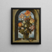 Natuurtafereel met tulpen, mos, rozen, lelietje-van dalen en andere bloemen in een glazen beker geplaatst in een gebogen stenen raamopening - Ambrosius Bosschaert de Oude — ingelijst kunstwerk aan de muur