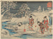 Drie vrouwen die een sneeuwkonijn maken in een tuin - Andō Hiroshige — weergave van het kunstwerk