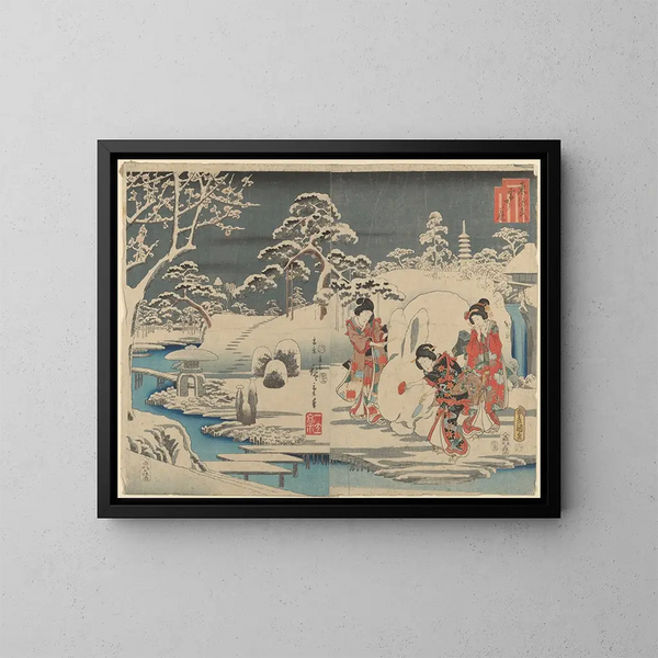 Drie vrouwen die een sneeuwkonijn maken in een tuin - Andō Hiroshige — ingelijst kunstwerk aan de muur