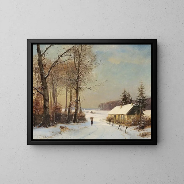 Winterlandschap met vrouw op een weg voor een huis - Anders Andersen-Lundby — ingelijst kunstwerk aan de muur