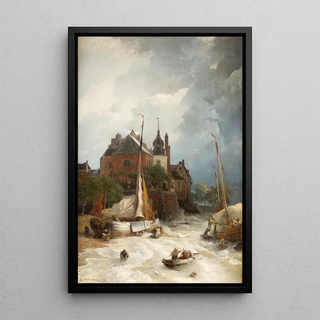 Andreas Achenbach - Beach by a town with old tower and rampart.webp