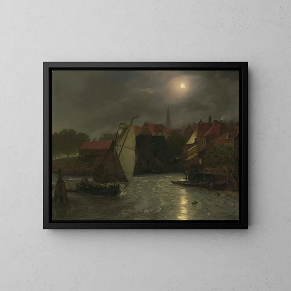Boten op een kanaal bij maanlicht - Andreas Achenbach — ingelijst kunstwerk aan de muur