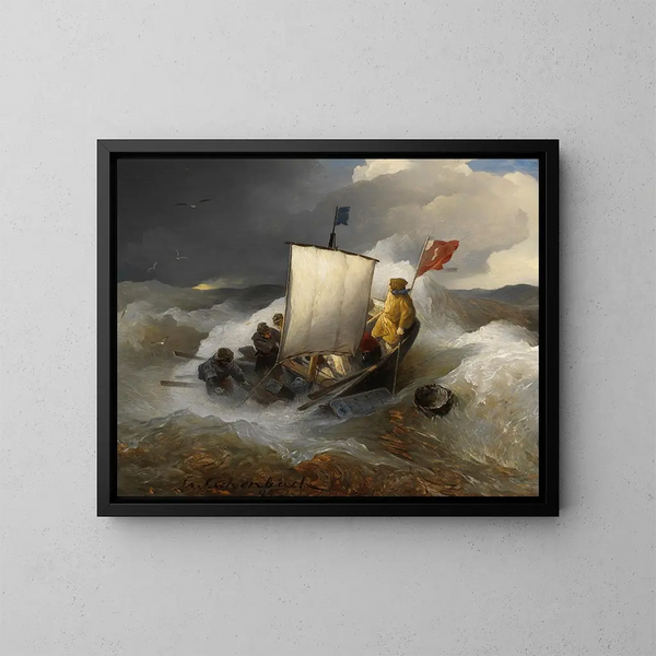 Visboot op een ruwe zee - Andreas Achenbach — ingelijst kunstwerk aan de muur