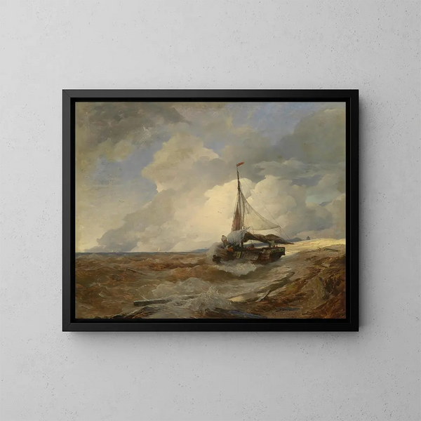 Vissersboot in nood - Andreas Achenbach — ingelijst kunstwerk aan de muur