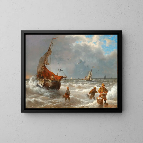 Vissers op de oever - Andreas Achenbach — ingelijst kunstwerk aan de muur