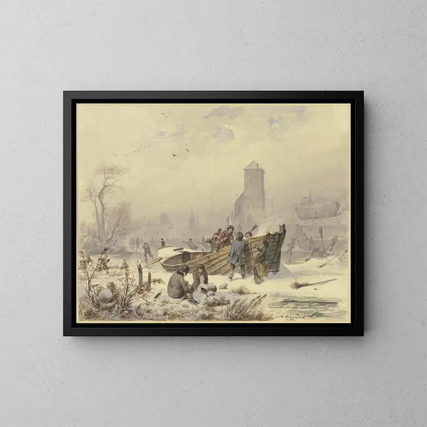 Zeefdruk van een maritiem schilderij dicht bij een bevroren schip - Andreas Achenbach — ingelijst kunstwerk aan de muur