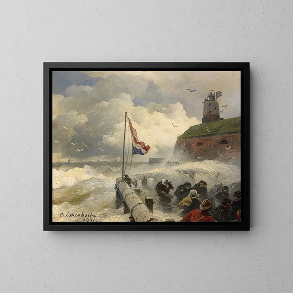 Storm op de dijk - Andreas Achenbach — ingelijst kunstwerk aan de muur
