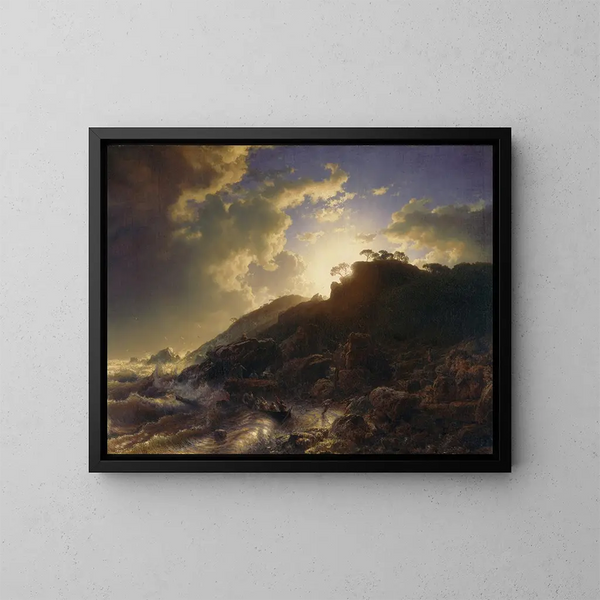 Schemering na een storm op de Siciliaanse kust - Andreas Achenbach — ingelijst kunstwerk aan de muur