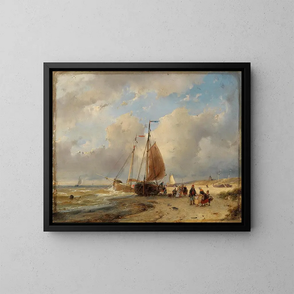 Een vissersfamilie op het strand - Andreas Schelfhout — ingelijst kunstwerk aan de muur