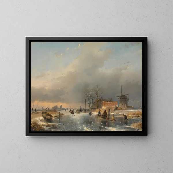 Een winterlandschap met een molen en huizen bij een bevroren kanaal - Andreas Schelfhout — ingelijst kunstwerk aan de muur