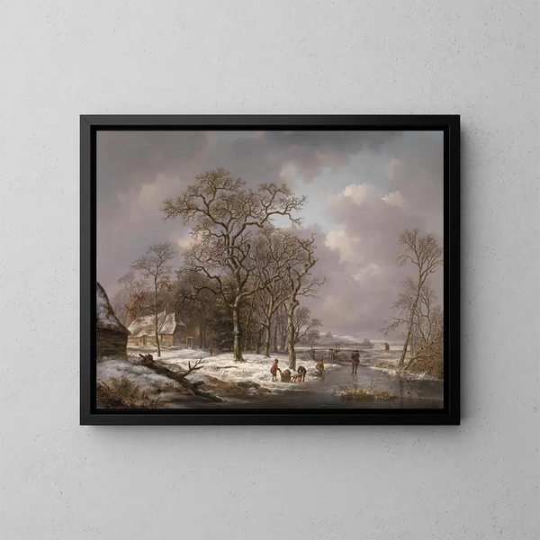 Figuren in een winterlandschap - Andreas Schelfhout — ingelijst kunstwerk aan de muur
