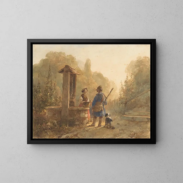 Jager in gesprek met een boerin bij een put, een hond aan haar zijde - Andreas Schelfhout — ingelijst kunstwerk aan de muur