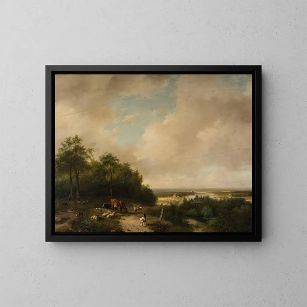 Landschap met kudde aan de rand van het bos - Andreas Schelfhout — ingelijst kunstwerk aan de muur