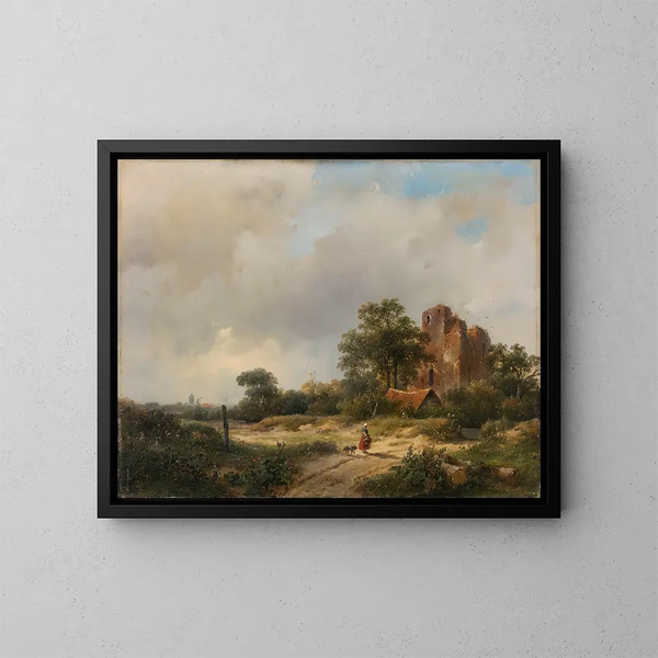 Landschap met de ruïnes van het kasteel van Brederode in Santpoort - Andreas Schelfhout — ingelijst kunstwerk aan de muur