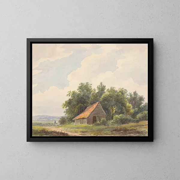 Landschapschilderij met een schuur en op de achtergrond een herder met schapen - Andreas Schelfhout — ingelijst kunstwerk aan de muur