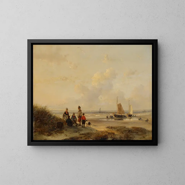 van de vissers die rusten op een strand bij helder weer - Andreas Schelfhout — ingelijst kunstwerk aan de muur