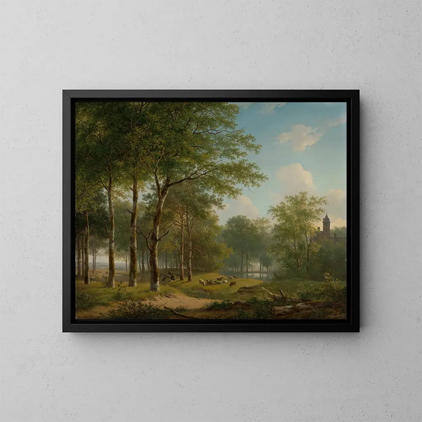 van Bergère die rust op een landweggetje bij een kasteel - Andreas Schelfhout — ingelijst kunstwerk aan de muur