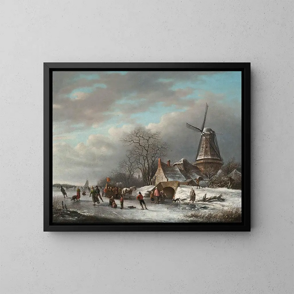 Patineurs sur une voie d'eau néerlandaise près d'un moulin à vent - Andreas Schelfhout — ingelijst kunstwerk aan de muur