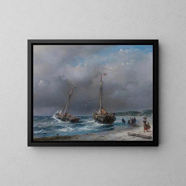 Ontladen van de visserij - Andreas Schelfhout — ingelijst kunstwerk aan de muur
