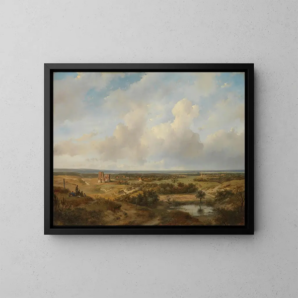 van Vue des dunes avec les ruines du château de Brederode près de Santpoort - Andreas Schelfhout — ingelijst kunstwerk aan de muur