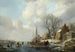 Landschap met winterse taferelen met mensen bij een boot op een bevroren waterweg - Andreas Schelfhout — weergave van het kunstwerk