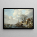 Landschap met winterse taferelen met mensen bij een boot op een bevroren waterweg - Andreas Schelfhout — ingelijst kunstwerk aan de muur
