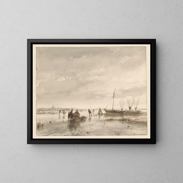 Landschap met bevroren meer - Andreas Schelfhout — ingelijst kunstwerk aan de muur