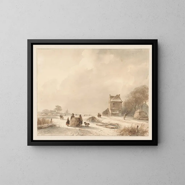 Landschap met slee met hooi en schaatsers - Andreas Schelfhout — ingelijst kunstwerk aan de muur