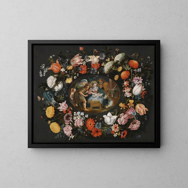 Aanbidding der herders omringd door een bloemenkrans - Andries Snellinck — ingelijst kunstwerk aan de muur